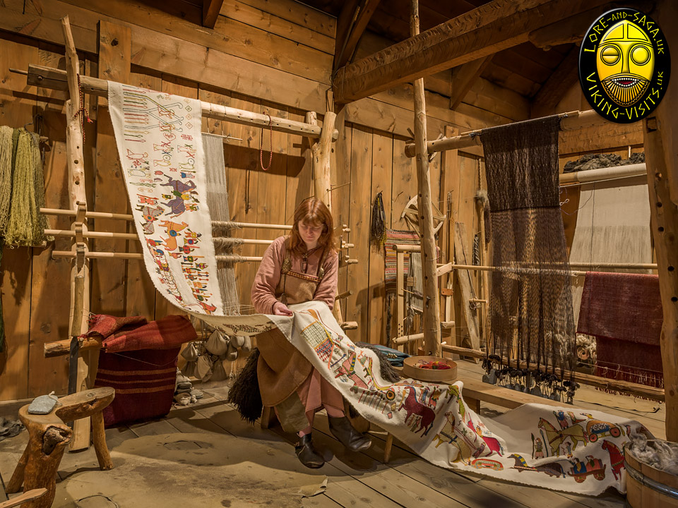 Debs working on embroidered tapestry at Lofotr Viking Museum - Image copyrighted � Gary Waidson. All rights reserved.